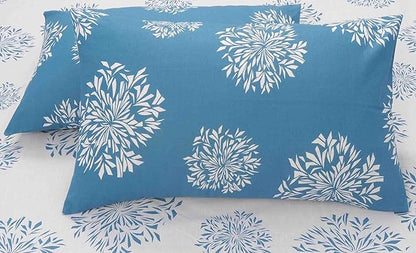 Huesland by Ahmedabad Cotton 144 TC Cotton Bedsheet for Double Bed King Size with 2 Pillow Covers | White & Blue