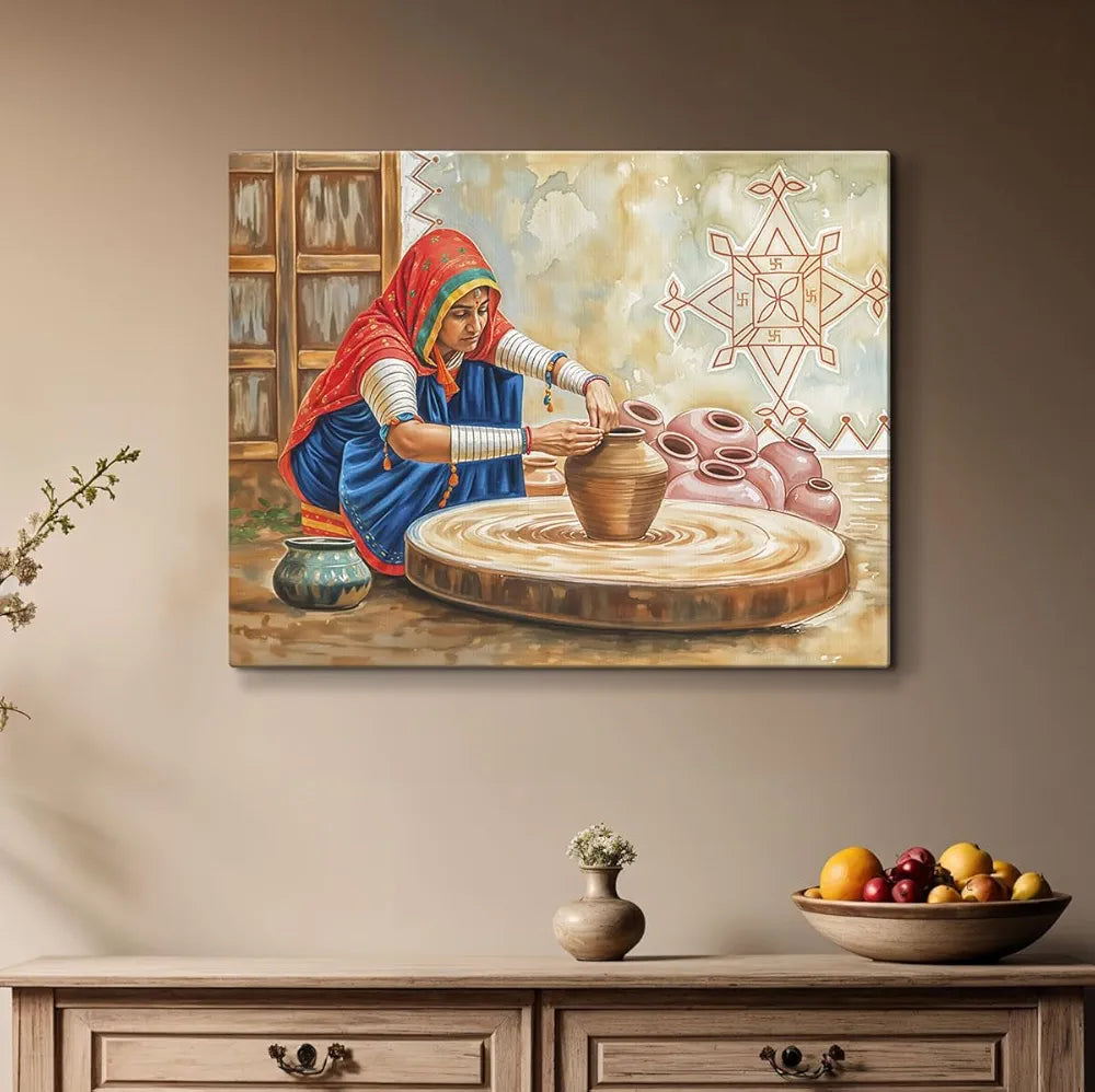 ArtX Paper Woman Making Pots AXDMD-0102-VIL Indian Village Scene Nature Wall Art Painting