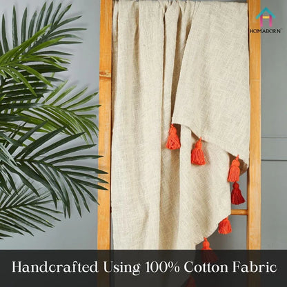 Homadorn 100% Cotton Off White Throw Blanket with Handmade Colorful Tassel Colour Orange