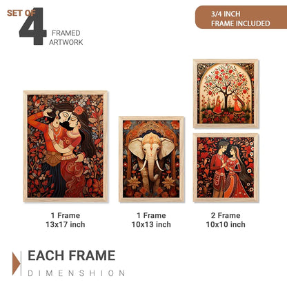 Kotart Traditional Indian Inspired Madhubani Art Paintings with Frame Set of 4 Frames A
