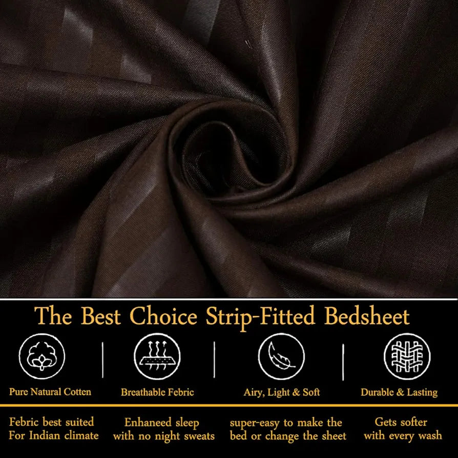 Fresh From Loom 240 TC Satin Striped Elastic Fitted Bed Sheets King Size Bed with Two Pillow Cover Multicolor Dark Coffee