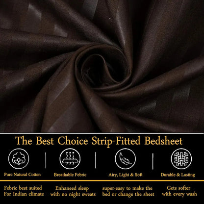 Fresh From Loom 240 TC Satin Striped Elastic Fitted Bed Sheets King Size Bed with Two Pillow Cover Multicolor Dark Coffee
