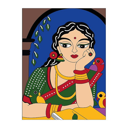 Hobby India Self Painting Beautiful Women Canvas | Pre-designed Canvas Board | 12 Shades Tempra Paint