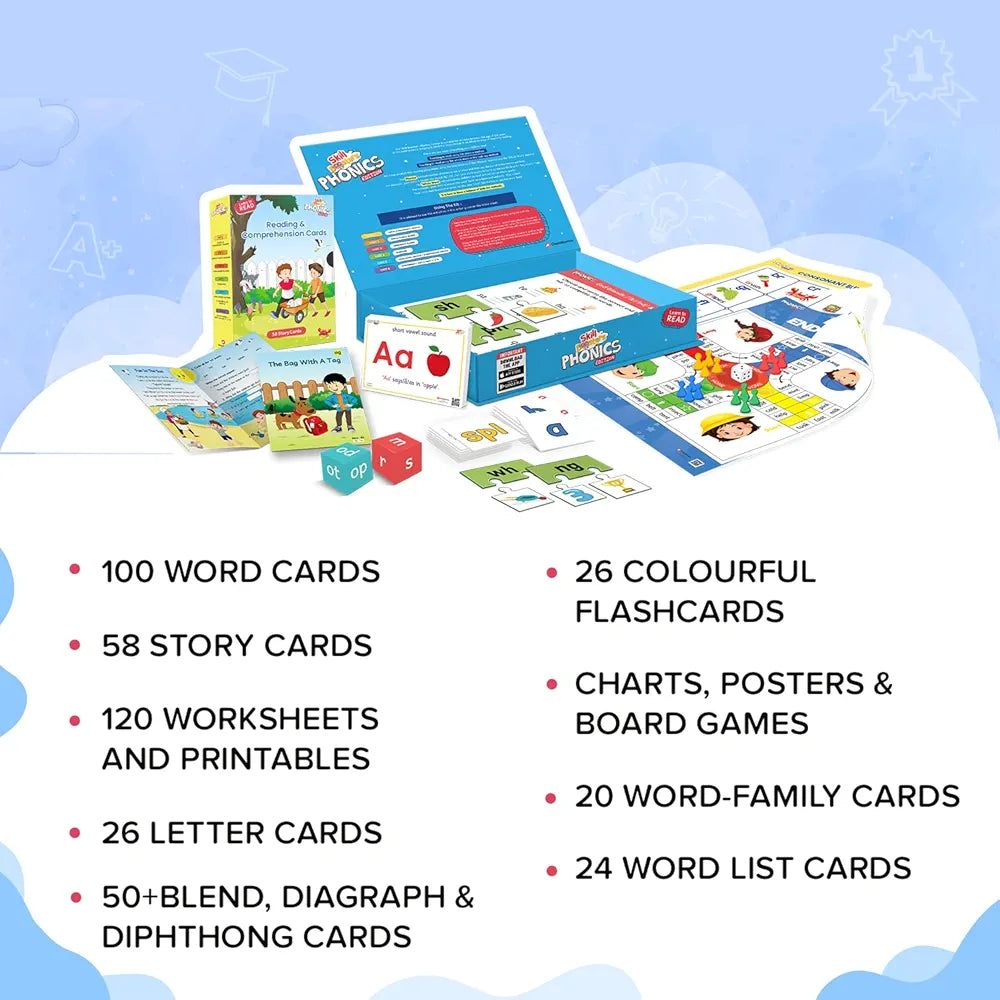 ClassMonitor Phonics Learning Kit with Free Mobile App | 26 Alphabet Flashcards with 100+ Sight Words Flashcards | 24+ Long & Shot Vowel Worksheets | for Kids, Children's Boys Girls Age 3 Years