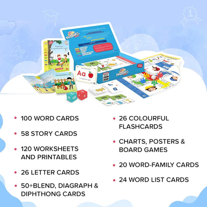 ClassMonitor Phonics Learning Kit with Free Mobile App | 26 Alphabet Flashcards with 100+ Sight Words Flashcards | 24+ Long & Shot Vowel Worksheets | for Kids, Children's Boys Girls Age 3 Years