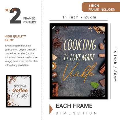 Kotart Kitchen Cooking is Love Funny Quotes Framed Wall Paintings / Posters with Frame Set of 4 multicolor