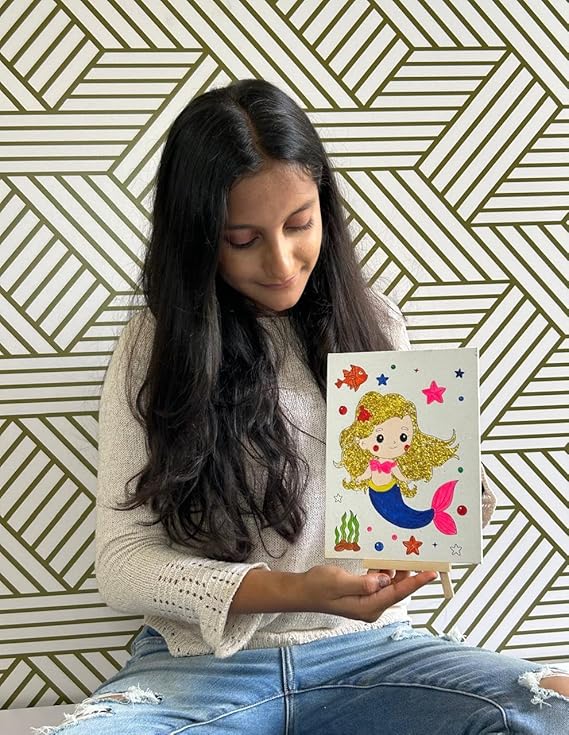 Mini Leaves DIY Art Set Colour Me Mermaid DIY Canvas Art Kit with Wooden Easel, Premium Paint Kit for Kids 6+ Years | Single Piece
