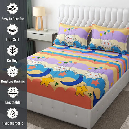 Fresh From Loom Wrinkle Free Glace Animal Print Cotton Bedsheet For Kids With Two Pillow Cover Multicolor 144 Tc Gud Night Multi Color