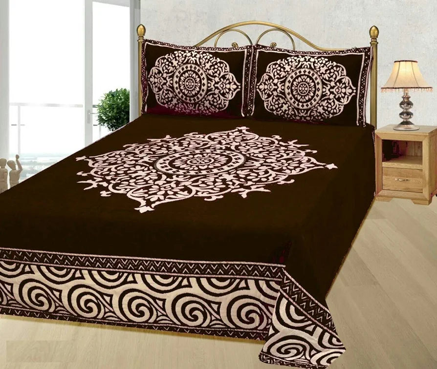 Fresh From Loom Chenille Velvet Floral 500 TC Heavy Bedsheet for Double Bed King Coffee Color with 2 Pillow Covers Ambi Brown