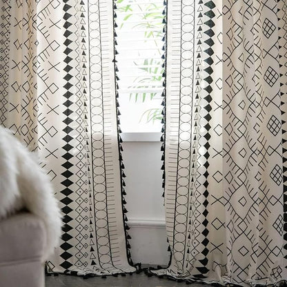 Huesland Cotton Curtains for Door, 7 Feet Long 1 Bohemian Eyelet Curtain | Boho Tribal White & Black