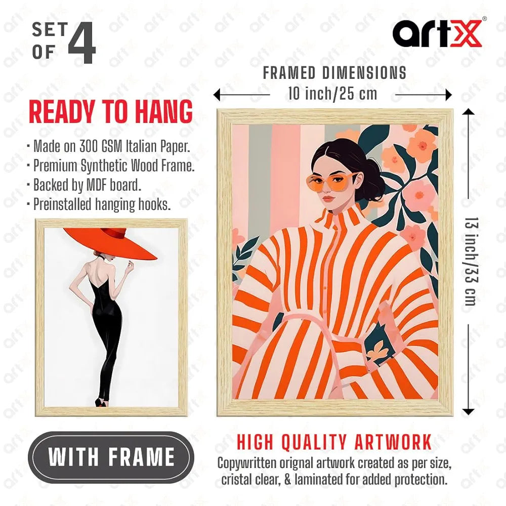 ArtX Paper Women Fashion Art Paintings with Frames Fashion-SO4-01 Set of 4