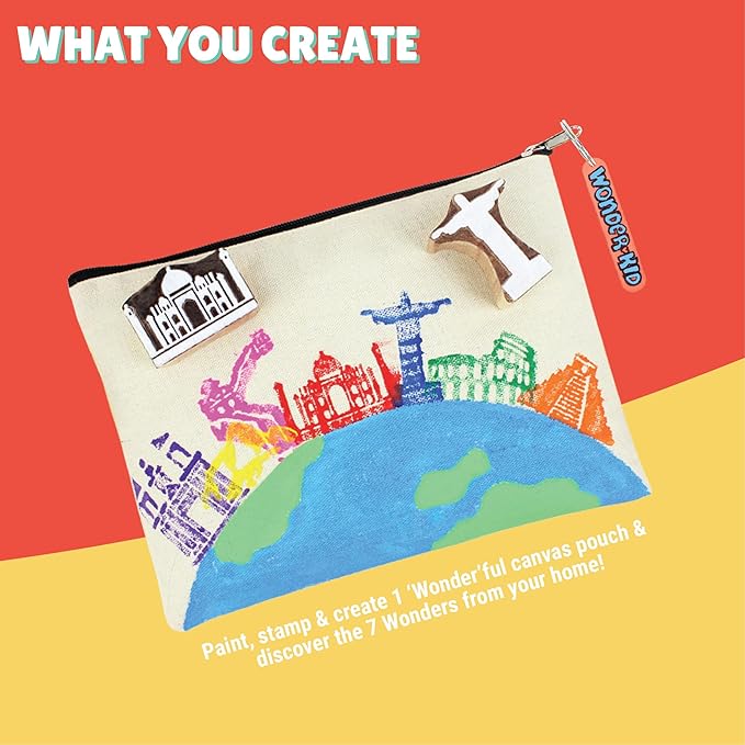 Kalakaram Diy Block Print Canvas Pouch Kit - Create Your Own 7 Wonders Pouch | Creative Activity Kits for Kids