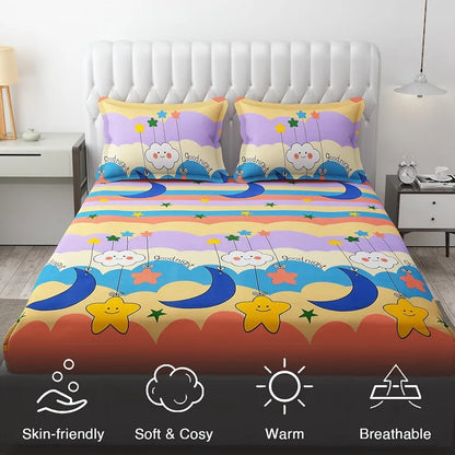 Fresh From Loom Wrinkle Free Glace Animal Print Cotton Bedsheet For Kids With Two Pillow Cover Multicolor 144 Tc Gud Night Multi Color