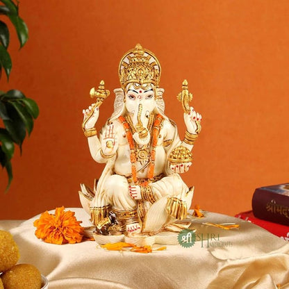 Indicast Resin 8" Inch Lord Ganesha on Base Gold Painting Surya Hindu God Ganesh Ganpati Idol Figurine | Home Decoration and Pooja Gifting