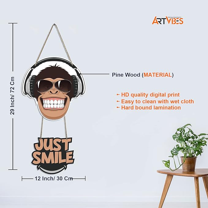 Artvibes Monkey Smile Printed Wooden Wall Hanging Ornaments With Quotes for Home Decor