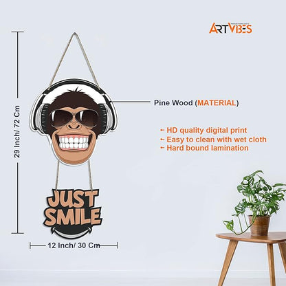 Artvibes Monkey Smile Printed Wooden Wall Hanging Ornaments With Quotes for Home Decor
