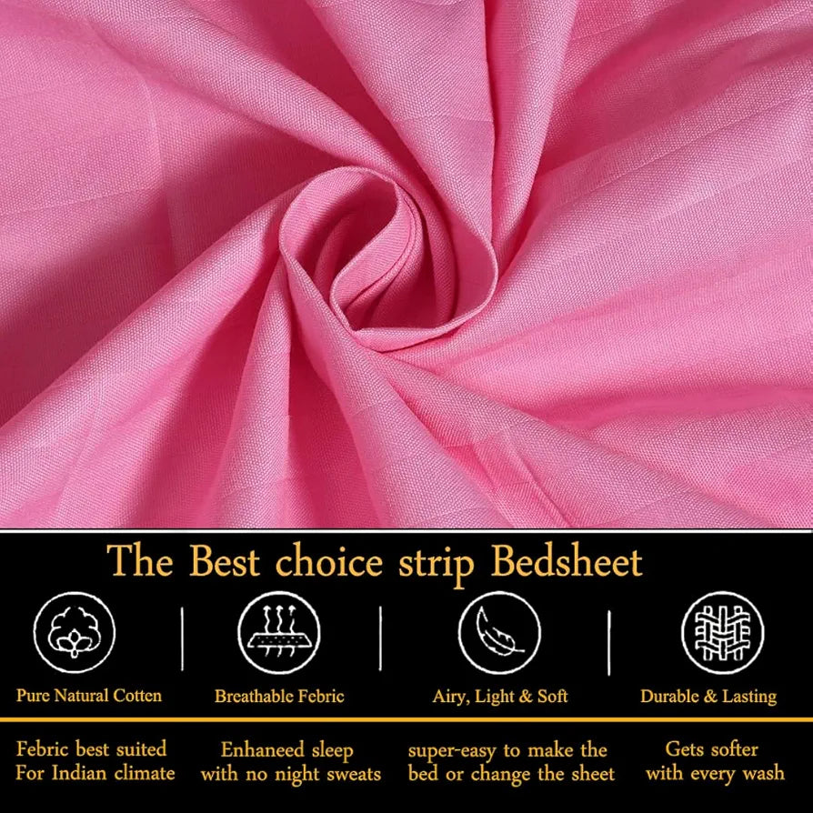 Fresh From Loom Breathable King Size Flat Striped Bedsheets Hotel & Home Double Bedsheet Set With 2 Pillow Covers 144 Tc Pink