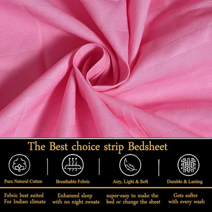 Fresh From Loom Breathable King Size Flat Striped Bedsheets Hotel & Home Double Bedsheet Set With 2 Pillow Covers 144 Tc Pink