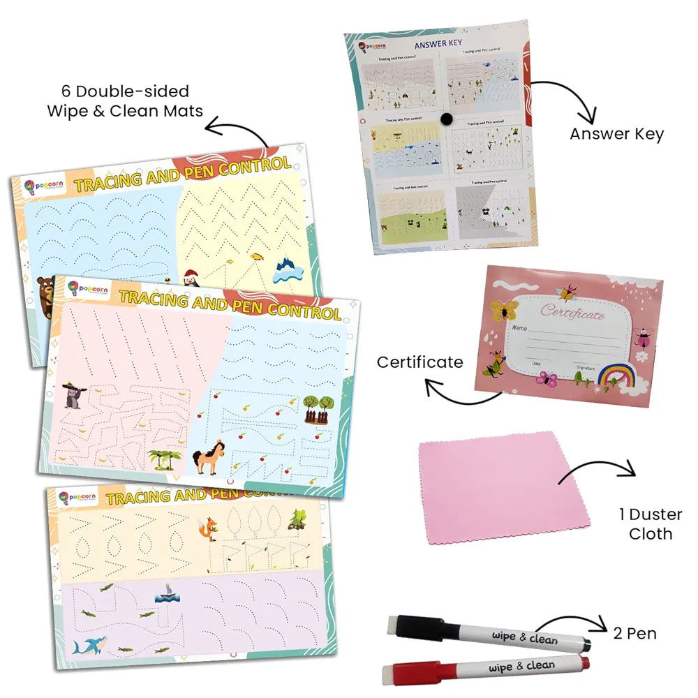 Popcorn Games & Puzzles Tracing and Pen Control | Reusable Activity Mats with 2 Marker Pens | Gifts & Creative Learning for Ages 3-6