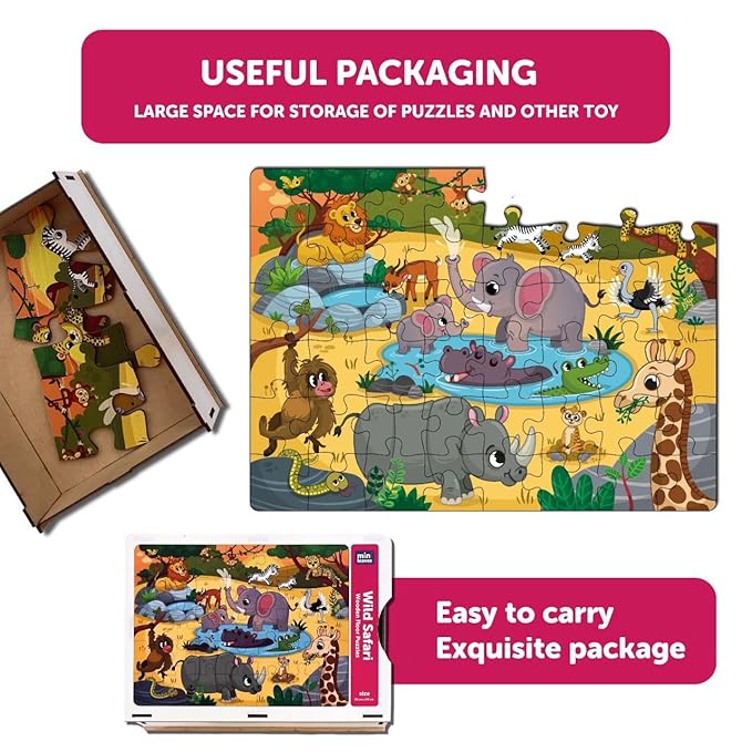 Mini Leaves 48 Piece Wooden Puzzle for Kids & Adults | Wild Safari Jigsaw Puzzle | Fun & Challenging Floor Wooden Puzzle Game