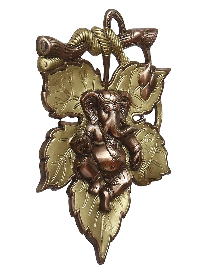 Ecraftindia Golden and Copper Finish Lord Ganesha on Creative Leaf Metal Wall Hanging | Decorative Hindu God Idol for Home