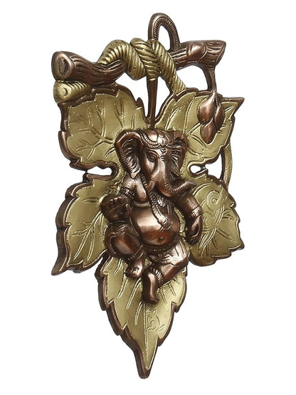 Ecraftindia Golden and Copper Finish Lord Ganesha on Creative Leaf Metal Wall Hanging | Decorative Hindu God Idol for Home