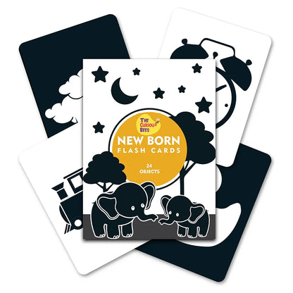 The Curious Bees - High Contrast New Born Anti-Glare Cards | 24 Objects for Visual Stimulation, Cognitive & Sensory Development of 0-6 Month Old Infants