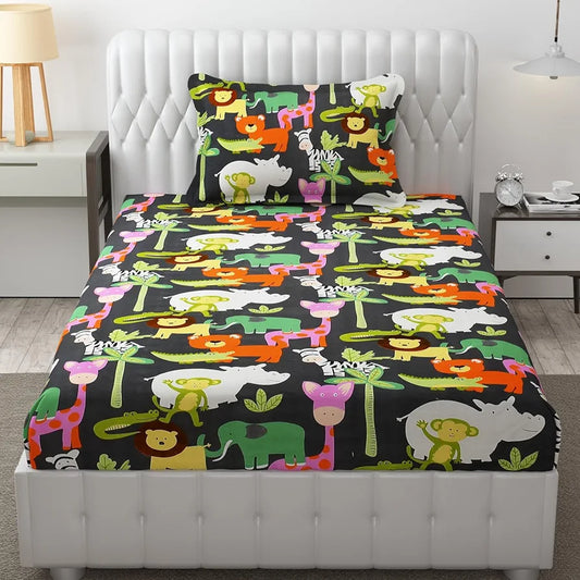 Fresh From Loom Bed Sheet Cartoon Printed Single Bedsheet Bedsheet for Kids Room with 1 Pillow Cover Multicolor 144 TC