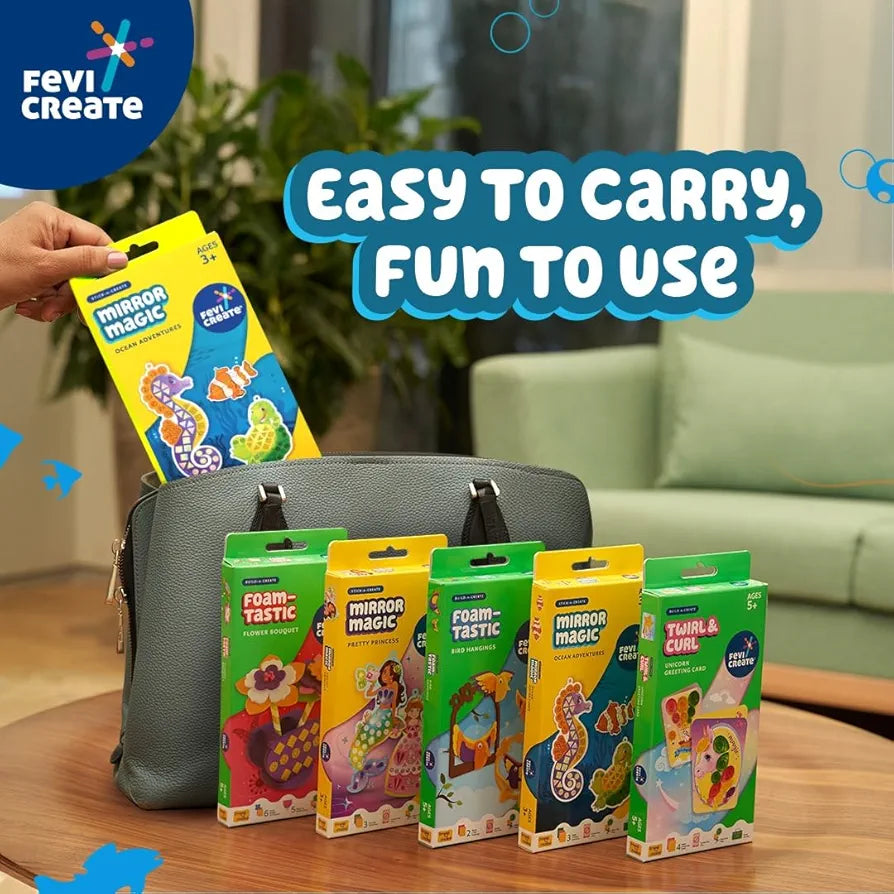 Fevicreate Stick-n-Create Mirror Magic Ocean Adventures Kit | Multi-Coloured Sparkly Stickers | Ocean Creature Templates | Travel Friendly | Boosts Creativity | Screen-Free Play | Gifting | Ages 3 +