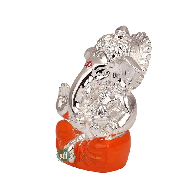 Indicast Hand Carved Silver Plated God Ganesha Resin Idol Sculpture Statue for Home & Office Decor & Gifts | Orange