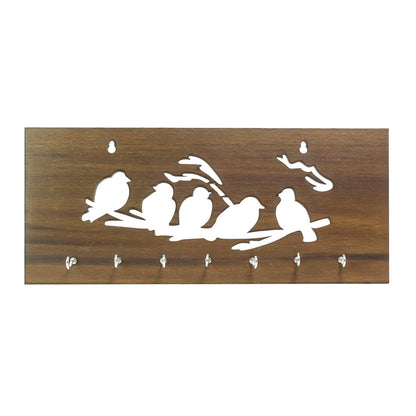 Ecraftindia Brown Birds Sitting on Branches Theme Wooden Key Holder With 7 Hooks