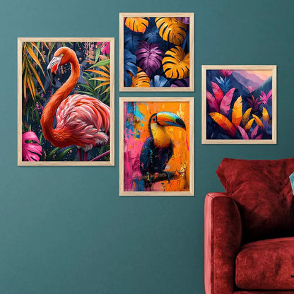 Kotart Nature Inspired Beautiful Flamingo and Botanical Leaf Paintings of 4 frames H