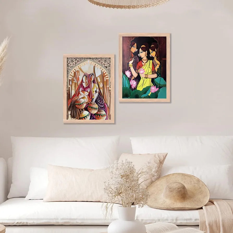 Kotart Traditional Woman Painting with Frame for Home Decoration Madhubani Art Painting Pack of 2 Design04