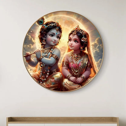 Livin'luxe Paintings Krishna and Radha Childhood Divine Love Wall Painting with Frame - Sparkle Glossy Round Golden Framed Large