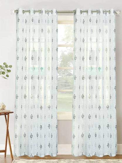 Homadorn Linen Sheer Printed Semi Transparent Curtains for Window Set of 2 Black Foliate