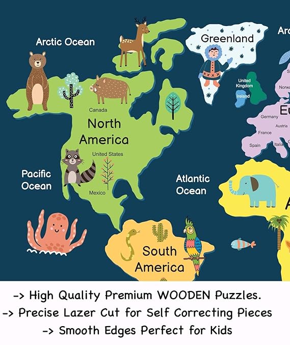 Fiddlys 40 Pcs Paperless Wooden Jigsaw Puzzle for Boys & Girls Learning Educational Toy for 4 Years and Above | World Map