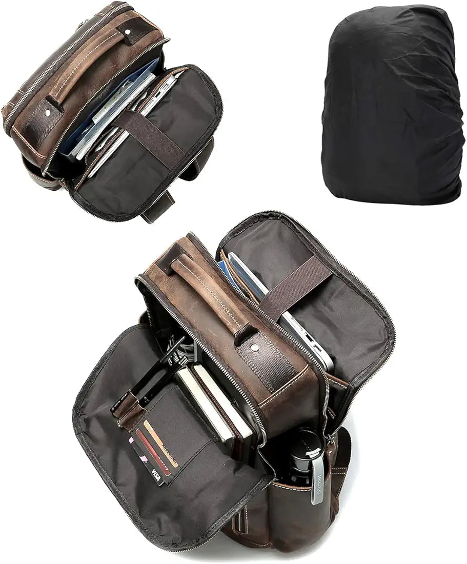 Goatter 24 Ltrs Men's Hunter Leather Backpack For 16 Laptop Travel Hiking Camping Rucksack - Brown