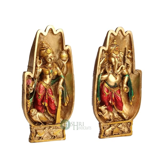 Indicast 8" Inch Namaste Lakshmi Ganesh Copper Painting Idol Decorative Showpiece Handcrafted Lakshmi Ganesh Murti for Home Office