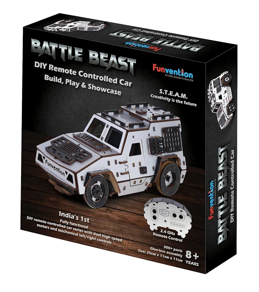 Funvention Battle Beast DIY RC Car - DIY 2.4GHz Remote Control Car Model for Kids - Build High-Speed Racing Car Type-C Charging Dual Motor Car STEM Kit Made in India
