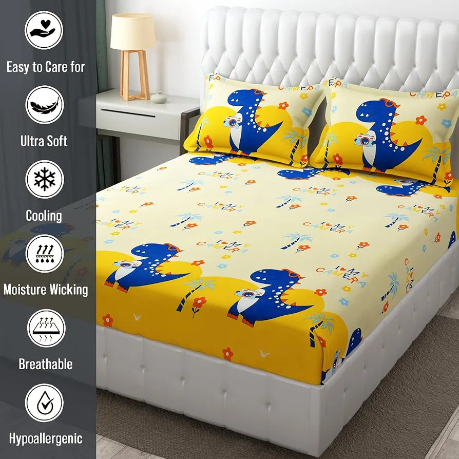 Fresh From Loom Bed Sheet Cartoon Printed Double Bed King Size Bedsheet Multicolor 144 TC Cream and Blue