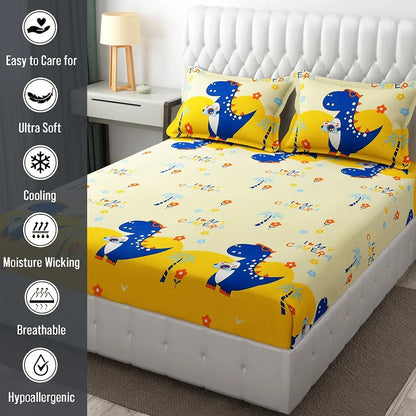 Fresh From Loom Bed Sheet Cartoon Printed Double Bed King Size Bedsheet Multicolor 144 TC Cream and Blue
