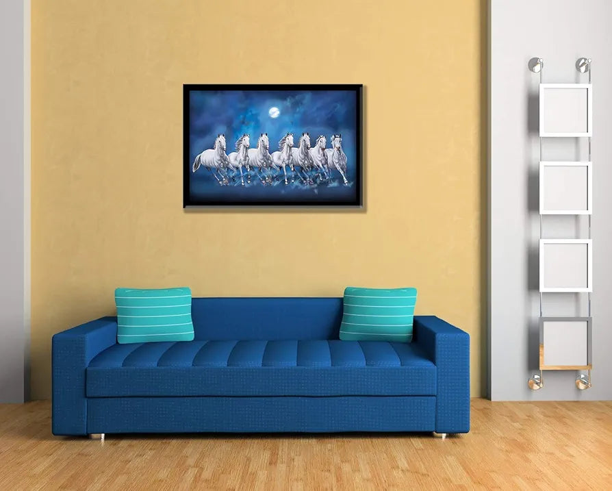 Lifehaxtore Seven Lucky Running Vastu Horses Art Framed Painting