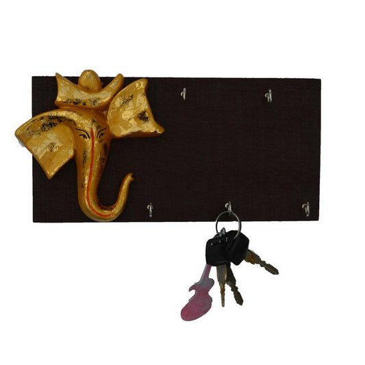 Ecraftindia Wooden Lord Ganesha Key Holder | Golden and Brown