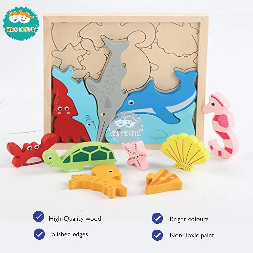KIDS KINDLY Wooden Sea Animal Puzzle for Kids, Jigsaw Sorting Game, Montessori Puzzle Toy for Toddlers, Shapes Puzzles for Kids, Birthday Gift for Boys & Girls Age 3 4 5 Years