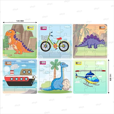 ABYZ Wooden Dinosaur and Transport (Dinosaur+Ship+Cycle+Helicopter) Puzzle 9 Pieces (Set of 6)