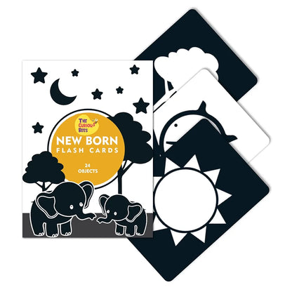 The Curious Bees - High Contrast New Born Anti-Glare Cards | 24 Objects for Visual Stimulation, Cognitive & Sensory Development of 0-6 Month Old Infants