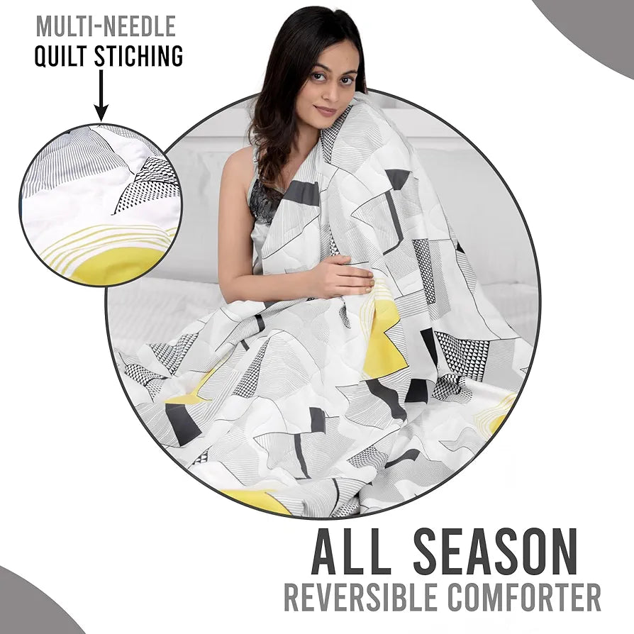 Divine Casa Super Soft Geometric 120 GSM Microfiber Winter Single Bed Size Quilt Comforter TC - 120 Colour Bright White and Black