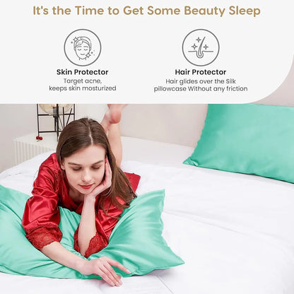 Cloth Fusion Satin Pillow Cover Set of 2 Pillow case with 3 Satin Soft Scrunchies Sea Green