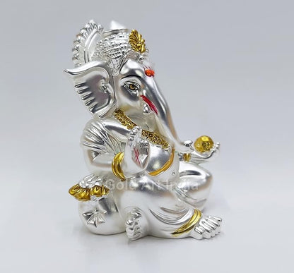 Gold Art India Matte Silver Plated Gaddi Ganesh Idol For Car Dashboard Small Ganesha Murti