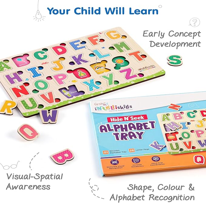 Firstcry Intelliskills Premium 26 Pieces Hide N Seek Alphabet Wooden Tray Board Puzzle | Educational and Learning Toy for Kids